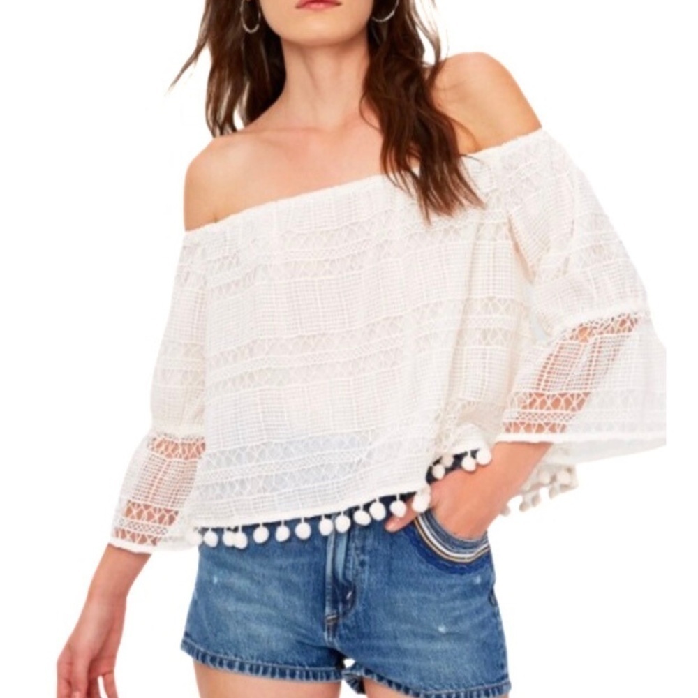 Tularosa | Revolve Cream Alexa Off-the-Shoulder Lace Pom-Pom Top Size Small